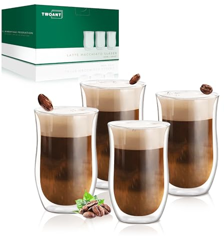 Latte Macchiato Gläser Doppelwandig (4 x 350ml) Kaffeegläser Doppelwandige Thermo Latte Gläser Cappuccino Tassen Glas Handgemachtes Doppelwandiges Glas kaffeeglas Set