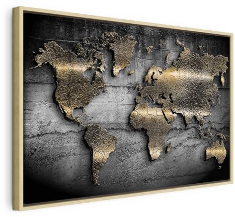 B&D XXL - Leinwand Bilder mit Rahmen 120x80 cm Wandbilder Leinwandbild Groß XXL natürlicher Holzrahmen Wandbild Wand Bild Wanddekoration Kunstdruck Wohnzimmer Weltkarte Abstrakte Landkarte Schwarz