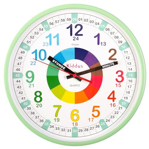 Kiddus Kinder Wanduhr, Jungen und Mädchen, Analoger Lernuhr mit Zeitlernübungen, Kinderwanduhr Ohne Ticken, Kinderzimmer Lautlose, Schule, Uhrzeiger Deutsch