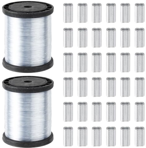 SUPERFINDINGS 2 Rollen Starker Aufhängedraht 0.8mm Transparent Unsichtbarer Aufhängedraht Angeldraht Mit 200 Aluminium Crimphülsen Bilderrahmendraht Transparente Angelschnur