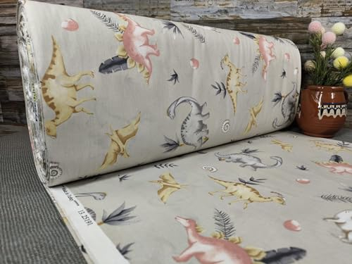 240cm Breit Meterware ab 50cm Popeline Baumwolle Stoff Baumwollstoff Kinderstoffe Stoffe Dinosaurier Babystoffe Ranforce Bastelstoff ÖKO-TEX VP0K061 (Dinosaurier Creme)