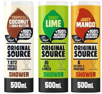 MM Original Source Shower Gel 500ml Variety Pack of 3 - Coconut & Shea Butter, Lime, Mango | Natural, Vegan-Friendly, Refreshing & Hydrating