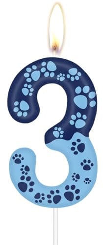 Blaue Hundepfotenkerze zum 3rd Geburtstag, blaue Hundepfoten Kuchendekorationen Partykerze, blaue Zahl 3 Kerze für Kuchen, Kuchendekoration für Jungen Mädchen 3rd Geburtstag,Pet Party Deko Zubehör