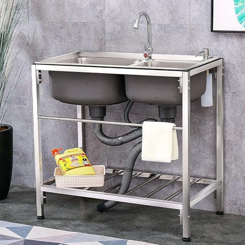Freistehende Küchenspüle aus Edelstahl mit Mischbatterie für Küche, Esszimmer, Garage, Waschküche (81x43cm)