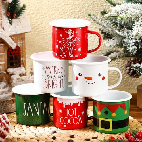 Geiserailie 6 Pcs 12 oz Christmas Coffee Mugs Christmas Bulk Enamel Mugs Holiday Xmas Gifts for Family Friends and Colleagues Home Decorations(Santa,Series)