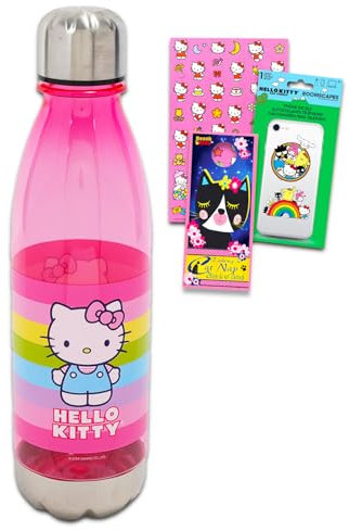 Hello Kitty Wasserflasche für Mädchen – Set mit wiederverwendbarer Hello Kitty Wasserflasche für Zuhause, Schule und Sport plus Aufkleber, Handy-Aufkleber, mehr | Hello Kitty Wasserflasche mit Deckel