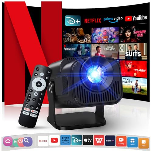 [Stereo Audio] 4K Projector with Wifi and Bluetooth, 1080P Native Mini Projector, One-Click Use Built-in YouTube/PrimeVideo/D+, Smart Home Outdoor projector-Black