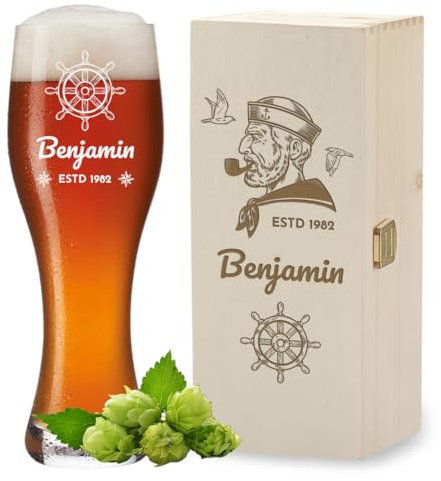polar-effekt Weizenglas 0,5 Liter und Holzkiste mit personalisierter Gravur - Biergeschenk zum Geburtstag - Individuelles Bierglas mit Namen - BPA-Frei