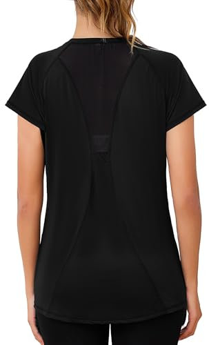 Gyabnw Womens Running Tops Shorts Sleeve Sports T-Shirt Fitness Workout Yoga Tops Ladies Running Tee Shirts Breathable Activewear with Back Mesh Black