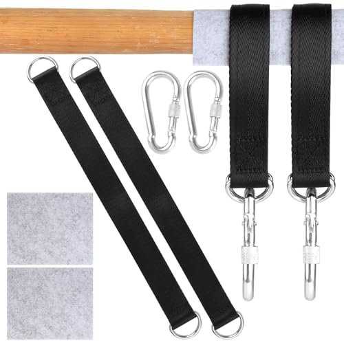 2 Pcs Fixation de Balançoire, 30cm Sangle Hamac, Noir Fixation pour Hamac, Sangle Mousqueton avec 2 Mousquetons, 2 Matelas de Protection et 1 Sac de Rangement pour Balançoires, Hamacs