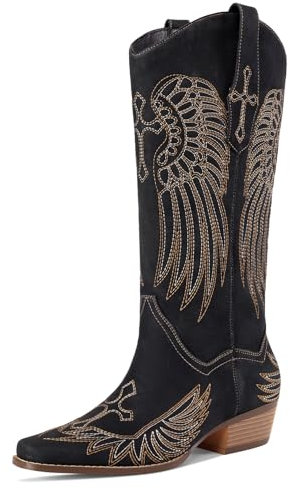 RONILURN Stivali alti al ginocchio da donna Cowboy Cowgirl stivali alti western pull on punta quadrata tacco basso grosso abito retrò da donna comodo stivale ricamato, nero, 39.5 EU