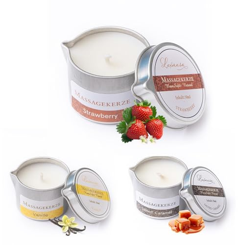 Massage Candle 3 Pack Natural Low Temp Scented Soy Wax Body Lotion 50ML | Naturliche Wachsmischung, hautfreundlich warmend, feuchtigkeitsspendendes Ol, drei Duftvarianten, Entspannung Geschenk