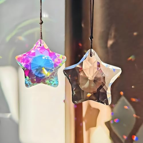 2 Stück Hängender Kristallprisma-Sonnenfänger 47mm Sternfomige Prisma Kristall Prismenkugel Hängende Kristallglas Regenbogenmacher Kristallanhänger für Fensterdeko, Haus, Garten