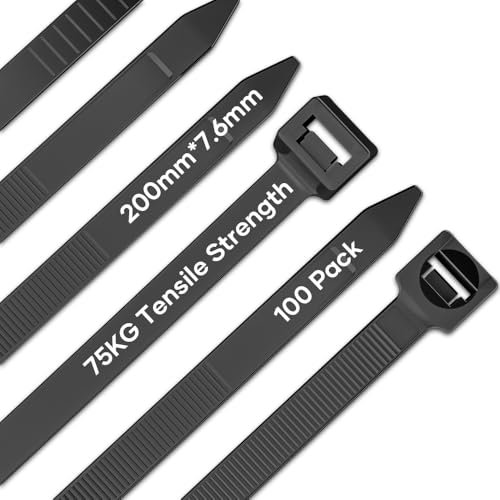 NEEKFOX Bridas Negras 200mm x 7.6mm, 100 Piezas, Bridas Resistentes a los Rayos UV con 75 kg de Resistencia a la Tracción, Bridas Autoblocantes para la Gestión de Cables, Jardinería, Talleres