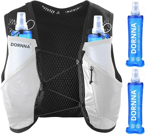 DORNNA Light Edition V1 – Zaino Trail Running + 2 borraccia mórbida 500 ml Senza BPA, Run Vest con Soft Flask, Gilet Trail Running Uomo e Donna. (Bianco, M-L)