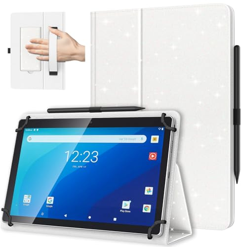 TiMOVO Universal Hülle für 10,1 Zoll Android Tablet mit Stiftschlaufe, Leichtes & Faltbares Standhülle mit Handschlaufe für Alle 9,6-11 Zoll Touchscreen-Tabletten, Glitzer Weiß