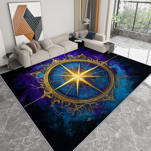 Generisch Teppich Wohnzimmer Fantasie Goldener Kompass, Rutschfester Kurzflor Teppich Schlafzimmer 160x230 cm Flauschig Waschbar Pflegeleicht Weich Türmatte, Schwarz