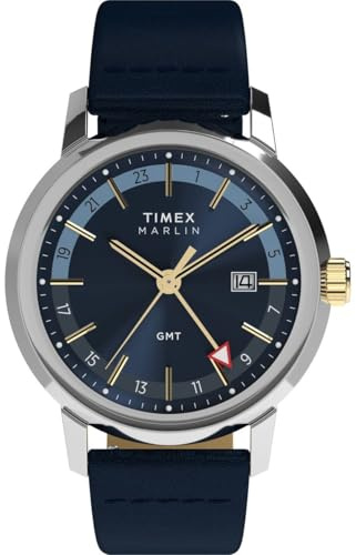 Timex Men's Marlin Quartz GMT 40 mm Quartz Watch - Blue Leather Strap with Blue Dial and Stainless Steel Case TW2Y47900