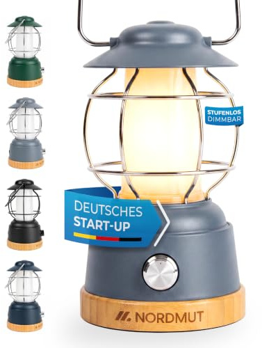 NORDMUT® Campinglampe aufladbar mit Powerbank [5200 mAh] IPX4 wasserdicht – Campinglampe dimmbar mit 200h Leuchtkraft – Leichte Campingleuchte Outdoor mit kompakten Packmaß (Grau)