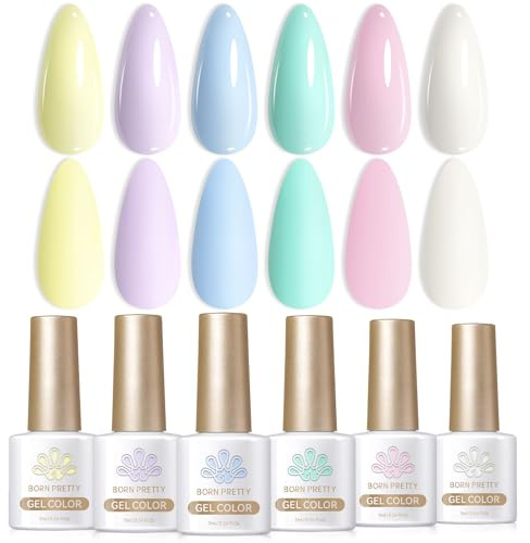 BORN PRETTY Pastel Gel Nail Polish Set 6 Rainbow Colours | Soft pastel shades including pink, purple and blue with UV LED soak off formula for DIY nail art and salon manicure