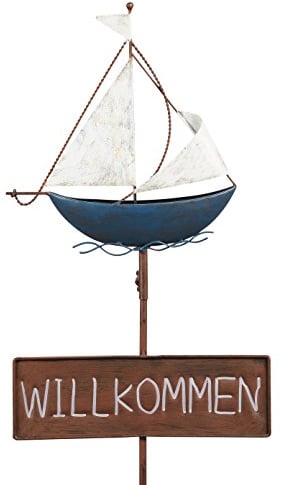 Posiwio dekorativer Garten-Stecker Deko-Stecker Schild Willkommen Segelboot Metall bemalt ausgefallen