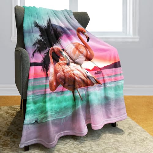 Dick Decke Weich Wärme Gemütlich Flanell-Fleece Sofadecke Deckeldecke Die schöne rosa Flamingos Sonnenuntergang kokospalmen 125 x 200 cm