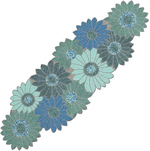 Alpha Living Home Handgefertigter Tischläufer mit Blumenstickerei, Perlenstickerei, für Tischplatten, Blaugrün/Türkis/Aqua, Heimdekormatte für Hochzeit, Familientreffen, 1 Stück, Maße: 33 x 91,4 cm