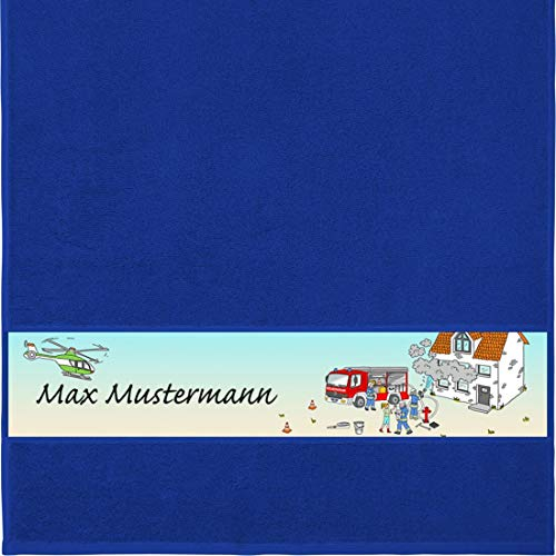 Manutextur Handtuch mit Namen - Motiv Kinder - Feuerwehr - viele Farben & Motive - personalisiert - Royalblau - Größe 50x100 cm - persönliches Geschenk