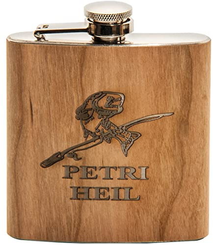 Spruchreif Flachmann Petri Heil und Fisch Motiv aus Edelstahl in Echtholz Optik | Geschenk für Angler | Geschenk für Männer | Flachmann mit Gravur | Geschenkidee für Angler