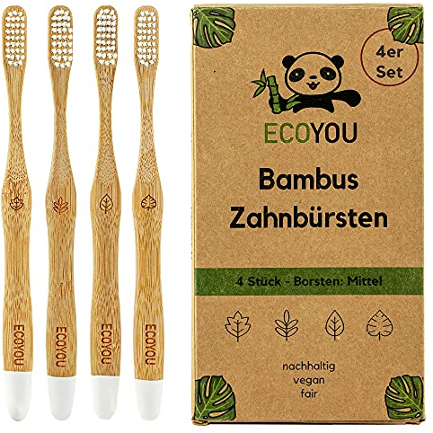 EcoYou Spazzolini da Denti in Bambù - Set di Spazzolini in Legno Naturale - Setole Ondulate, Pulizia Delicata dei Denti - Manici a Forma di Foglia - Prodotti Biodegradabili - Set da 4, Durezza Media