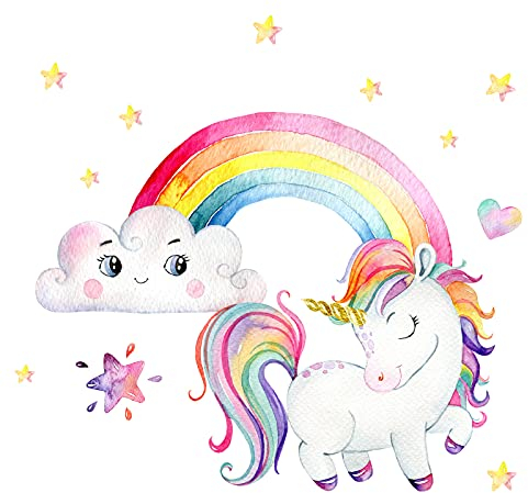 Little Deco Wandtattoo für Kinderzimmer Mädchen Einhorn mit Regenbogen Sterne I Wandbild 83 x 51 cm (BxH) I Wanddeko selbstklebend für Spielzimmer Wandsticker Baby DL531