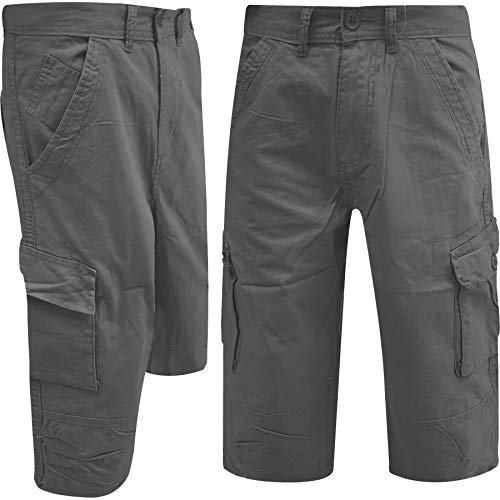 Whispering Jones London Mens Cargo Shorts Combat Work Casual Chino Long 3/4 Below Knee Length Summer Pants, Charcoal, 38