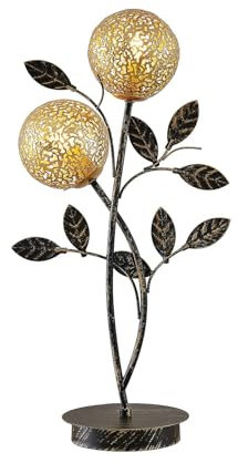 Lucande Tischlampe Metall schwarz gold, Nachttischlampe Landhaus floral Blätterdesign Tischleuchte 2x G9 ohne Leuchtmittel Schlafzimmerlampe Schreibtischlampe