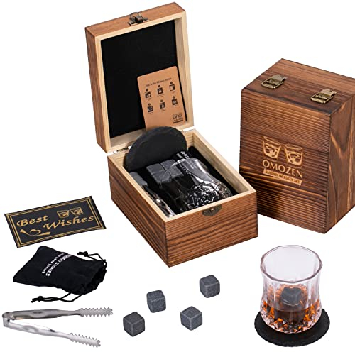 Whiskey Stones and Whisky Glass Gift Set for Men - 4 Whiskey Chilling Rocks - 1 Whiskey Scotch Bourbon Glass - Fathers Day Present for Him Boyfriend Dad Husband