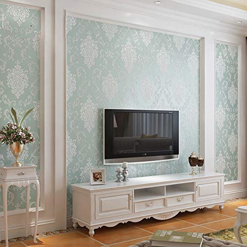 MEAIHOME European Style 3D Damask Pearl Powder Non-Woven Wall Paper Roll for Living Room Bedroom Hotel Bar Wallpaper Light Blue Non-Pasted 1.73' W x 32.8' L