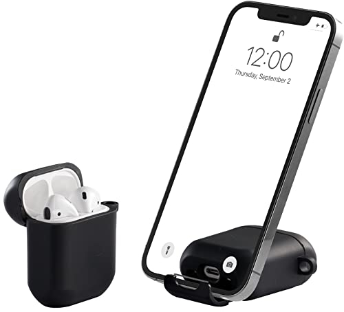 AirStand - Boitier AirPods avec Support de téléphone Invisible, Compatible avec Les AirPods séries 1 et 2, Coque Antichoc en TPU et PC avec Protection complète avec Mousqueton Porte-clés