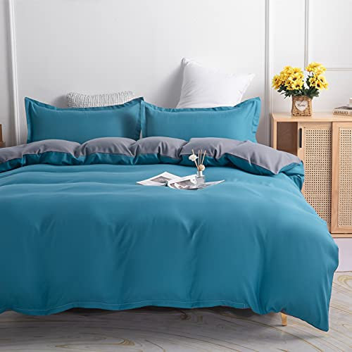 Gezu Parure de Lit 220x240cm Bleu Canard Gris Sets de Housse de Couette 2 Personnes Microfibre Unie Réversible avec 2 Taie d'oreiller 65x65cm avec Fermeture Éclair