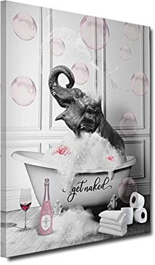 ZHONGYUTONG Badezimmer Wandbilder-Elefant in der Badewanne mit Rosa Blasen lustige Tiere Kunstdruck auf Leinwand Gerahmt Schwarz Weiß Wanddekoration Moderne Gemälde für Zuhause (50x75cm)