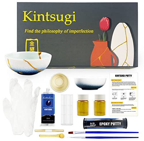 LAMXIN Kintsugi Repair Kit Gold, Kintsugi kit Repair Your Cherish Ceramics with Gold Glue & Putty, Starter Ceramic for Handmade Beginner