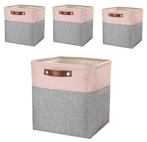 Mangata Aufbewahrungskorb Stoff 30x30x30cm, 4er Set Cube Aufbewahrungsboxen für Schrank, Regal, und Kleidung, Grau&Rosa