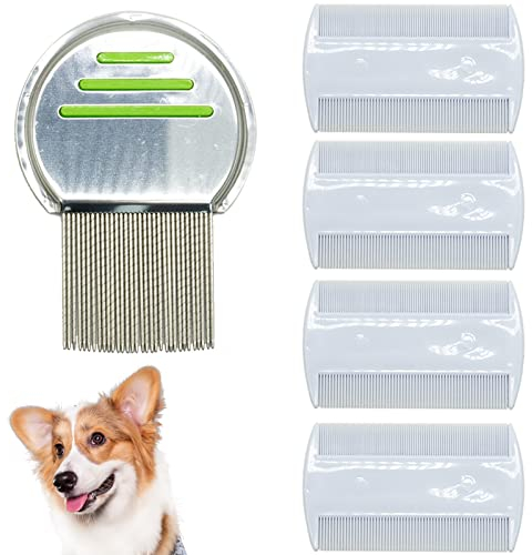 Flohkamm, Läusekamm, Zeckenhaken, feine Zinken, für Katzen und Hunde, 5-teiliges Set,aus Metall,Läuseentfernungskämme aus Kunststoff, Edelstahl, Haustiere, langes, feines, dickes Haar