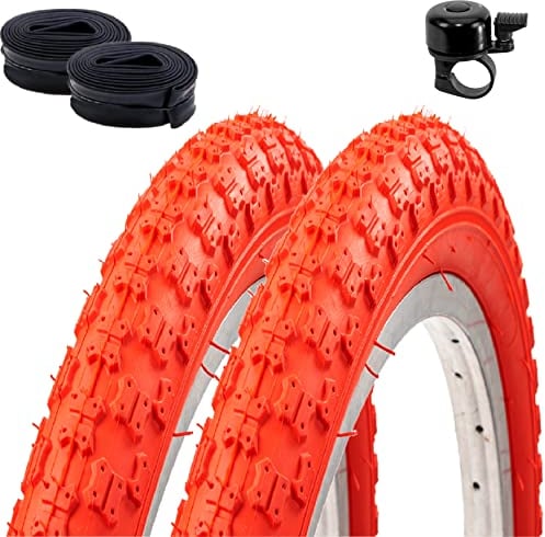 2 x Roverstone 20 Fahrradreifen Fahrradmantel rot 54-406 (20 x 2,125) + 2 Schläuche DV inkl. Fahrradklingel