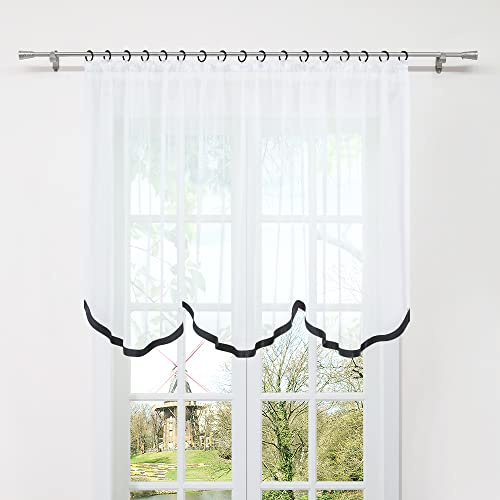HongYa Bogenstore aus transparentem Voile mit Kräuselband und Satinband | Schwarz, H/B 120/300 cm, einteilig, lichtdurchlässig, pflegeleicht, geschwungener Saum, für Küche und Wohnzimmer