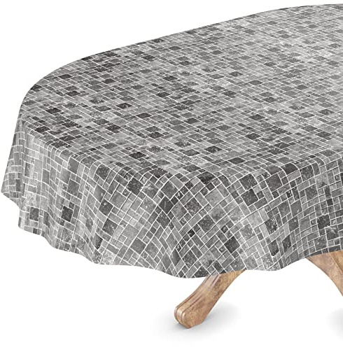 Wachstuchtischdecke Wachstuch Vinyl abwischbar Wachstischdecke Tischdecke Oval 140 x 180cm Schnittkante Fliesen Anthrazit