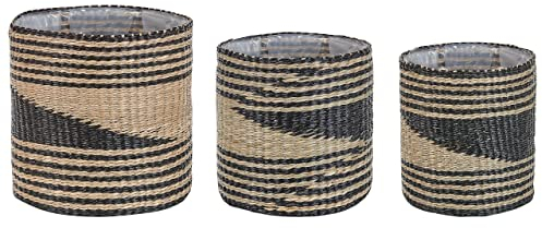 Blumenkorb natürlich / schwarz 3er Set rund geflochten Boho Stil Rattail