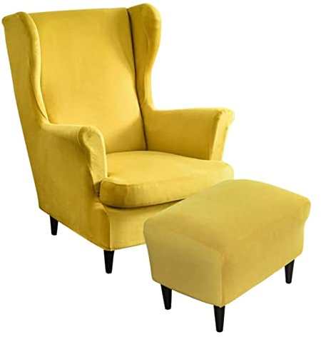 KAISUN 2 Teilig Ohrensessel Überzug mit Ottomane Schonbezug, Samt Stretch Tiger Stuhlbezug mit Armlehne, Rechteck Hocker Bezug (Color : Yellow)