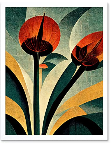 Wee Blue Coo Single Art Deco Flower Painting Coral Navy Green Beige Art Print Framed Poster Wall Decor 12x16 inch