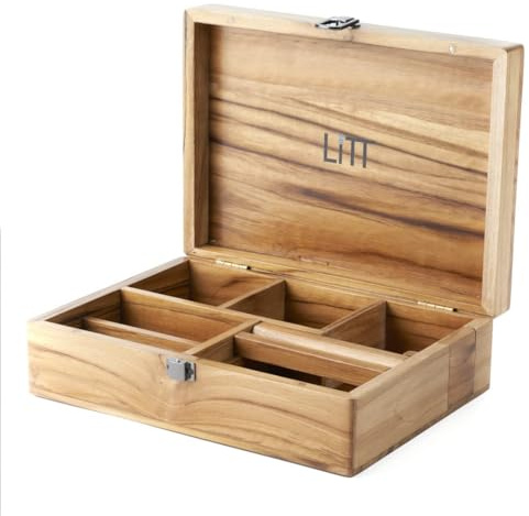LITT Portable Teak Wooden Stash Box - Rolling Storage Set with Tray, Accessory with Lid - Discreet Secure Storage - Handcrafted Compact Table Organiser (Without Lock)