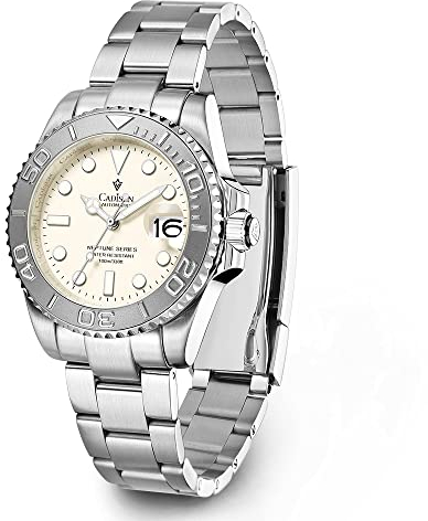 CADISEN Herren automatische Automatikuhr Elegante lässige Business mechanische Uhr mit Saphirglas Edelstahl Armband (White)