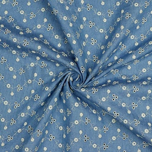 Meterware, ab 0,5 m +++ Jeansstoff mit Lochstickerei Blütenranken +++ 150 cm breit +++ EUR 15,00/qm